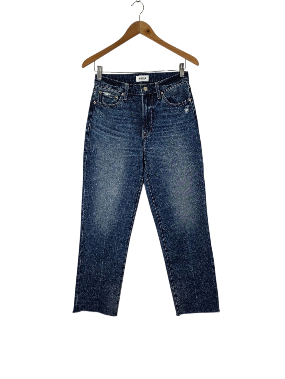 EUC Pistola Women's Cassie Crop High Rise Dark Jeans Straight Raw‎ Hem Size 27